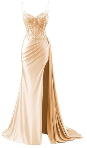 YIANN Robe de bal en satin avec col en V pour femme - Robe de soirée formelle sirène 2025 avec fente, rose gold, 40