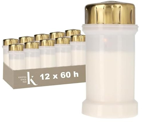 KRISTEN Traditionelles Grablicht mit Sturmhaube für den Außenbereich – 60 Brennstunden – Weiß – Set mit 12 Stück – Vorteilspack – Gedenklicht, Grabkerze, Gedenkkerze, Friedhofskerze