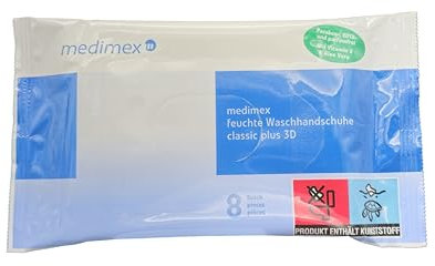 THERACASO Medimex Classic Plus 3D Feuchte Einmal-Waschhandschuhe – Sanfte & Hygienische Ganzkörperwäsche ohne Wasser – Pflegend mit Aloe Vera & Vitamin C, Parabenfrei – 1 Softpack a 8 Stück