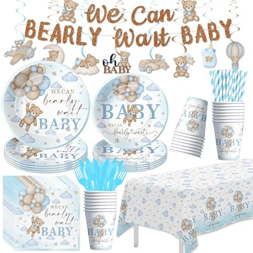 YJRJSC Bear Baby Shower Decorations for Boy, Blue Teddy Bear Theme We Can Bearly Wait Baby Shower Decorations Party Supplies, Paper Plate, Cup, Banner, Tablecloth, Napkin, Swirls, Cutlery, Serves 24