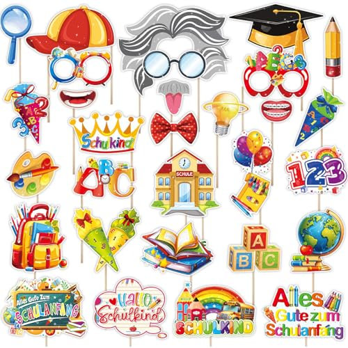Gleemix Einschulung Deko Fotobox Requisiten 30 Stück, Back to School Photo Booth Requisiten, Papier Foto Requisiten für Schulanfang Deko, Schule Motto Party Supplies Foto
