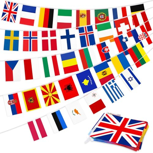 12 Metre Europe Flag Bunting Banner with 38 Flags, 14 x 21 cm Rectangle European Country String Flags for Eurovision, Women’s Football Events, International Day, Street Wall Garden Decorations