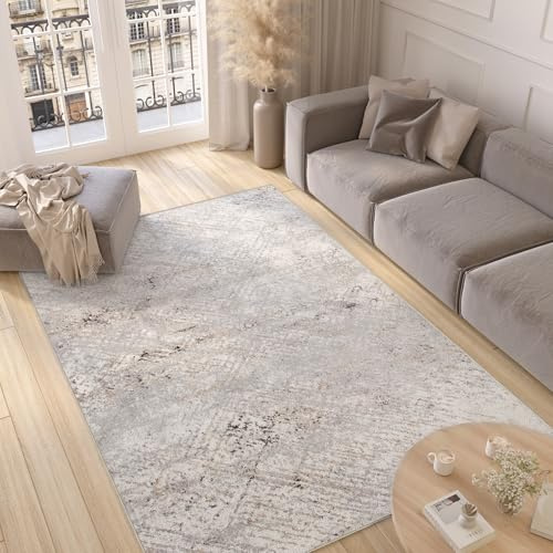 TAPISO Valley Teppich Kurzflor Weiß Grau Vintage Blumen 180 x 270 cm | Used Effekt Verwischt Abstrakt Modern Wohnzimmer Schlafzimmer OEKO-TEX