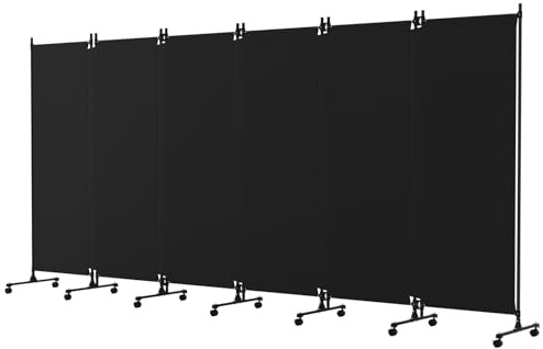 SMONTER 6-Teiliger Raumteiler Paravent, Sichtschutz Balkon mit abschließbaren Rädern, Mobile Trennwand zur Raumaufteilung für Büro, Schlafzimmer, 370 cm × 183 cm, Schwarz