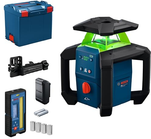 Bosch PRO 18V System Rotationslaser GRL18V-4-34CVG (grüner Laser, Neigungseinstellung ±15%, IP66-Schutz, zweifache Stromversorgung, Laserempfänger LR 45 + Halterung, BA 18-C, L-BOXX 374)