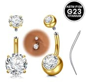 WillTen Piercing de nombril en titane 6/8/10/12/14/16 mm, court/long, G23 en titane et oxyde de zirconium, filetage interne, anneaux de piercing de nombril en argent et or avec fuseau pour la guérison