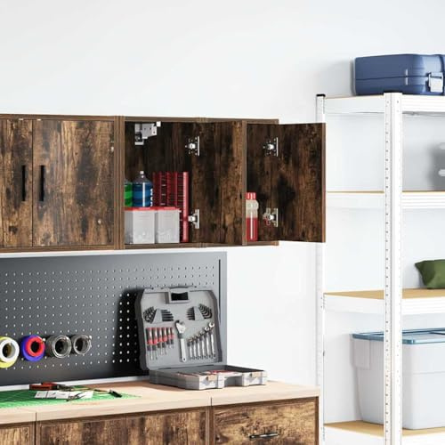 Runheo Set di 2 armadi da parete per garage, in legno di rovere affumicato, 30 x 30 x 41 cm, armadio da officina con ante, portata 60 kg, per officina e ufficio