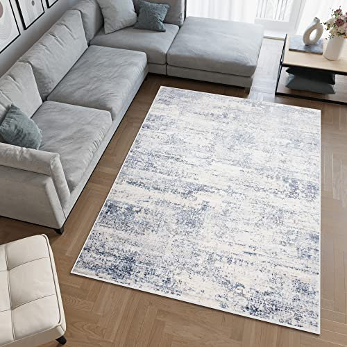TAPISO Sky Teppich Kurzflor Modern Creme Blau Grau Meliert Design Vintage Wohnzimmer Schlafzimmer Patchwork 3D Optik ÖKOTEX 200 x 300 cm
