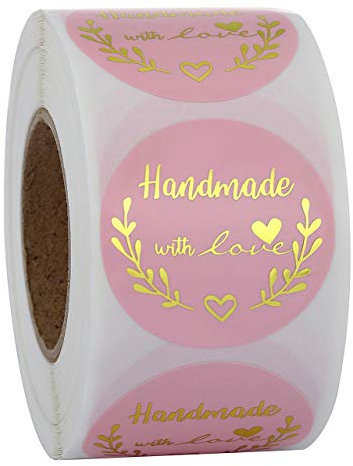 Filhome 3,8 cm Goldfolie Handmade with Love Sticker 500 rosa Liebesetiketten pro Rolle für Verpackung, handgefertigte Kekstüten