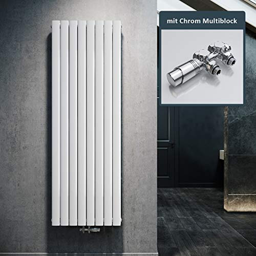 ELEGANT Design Heizkörper Flach 1800x616mm mit Chrom Multiblock Thermostat Flachheizkörper Weiß Doppellagig Vertikal Heizkörper Mittelanschluss