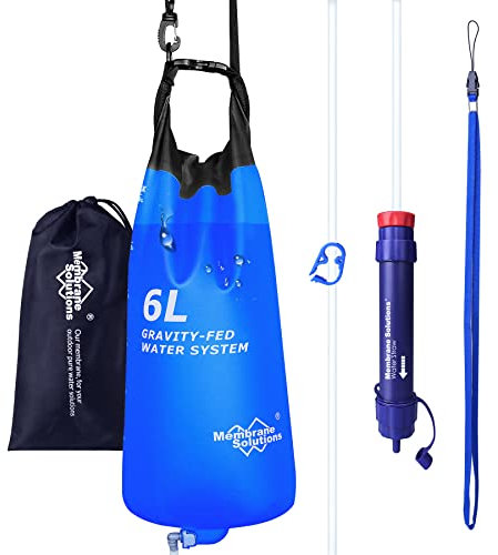 Membrane Solutions Gravity Water Filter Pro, 0.1-Micron Personal Water Filter Straw with 6L Gravity Water Bag, Drinking Water Purifier for Group Emergency Preparedness, Hiking, Camping