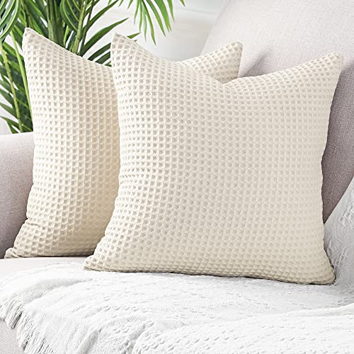 Mandioo 2er Set Waffelpique Texturierte dekorative Kissenbezug kissenbezüge Luxus Moderne Sofakissen Dekokissen Kissenhülle Stil Deko aus Garten Sofa Wohnzimmer Bett,40 x 40 cm,Beige