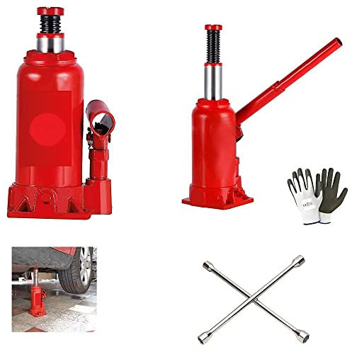 Compatible avec Mini CRIC Bouteille HYDRAULIQUE DE 3 TONNES Hauteur DE 17 A 33 CM + CLE CROISEE pour BOULONS 17-19-21-23 Levage Pneu Automobile Universel