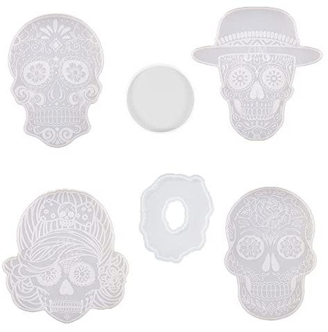BOSOIRSOU Lot de 6 grands moules en silicone époxy pour moulage de résine, en forme de tête de mort, géode ronde pour la fabrication de tasses, tapis, œuvres d'art en résine, décoration d'intérieur
