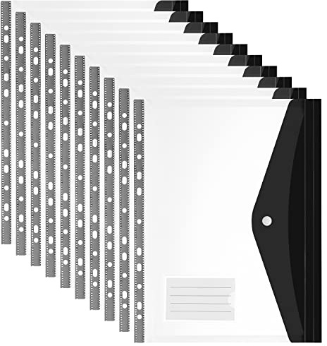 Dokumententasche A4, Schwarz Klarer Poly Dokumentenmappe A4 mit Etikettentasche und Druckknopf, 11 Loch Dokumenten-Mappen A4 für Organisieren von Dokumenten, 10er Pack