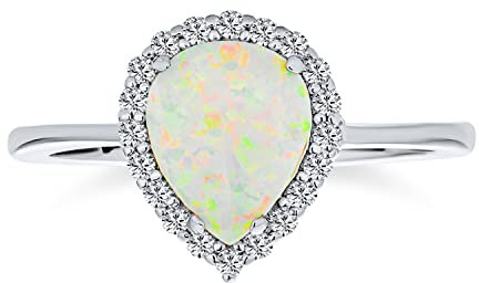 Personalisierter Halo Birnenform Tränencocktail 3.CTW Geschaffener Edelstein Weißer Opal Verlobungsring Kathedralenfassung Für Frauen .925 Sterling Silber Oktober Geburtsstein