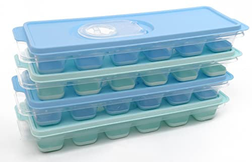 DIVCHI Random Colour 4 Pack Ice Cube Trays with Clear Removable Lid Easy Release, LFGB Certified and BPA Free Silicone Ice Cube Moulds for Freezer,Baby Food,Water,Other Drink