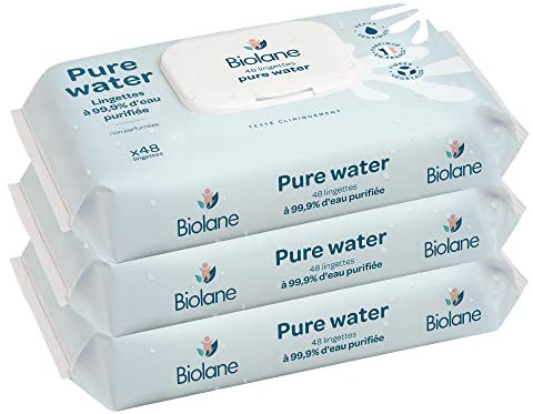 BIOLANE - Lingettes bébé nettoyantes Pure Water - Lot de 3x48 (144 Lingettes) - A l'eau Purifiée - Nettoie et protège - Corps et siège - Peaux Sensibles - Dès la naissance - Fabriqué en France