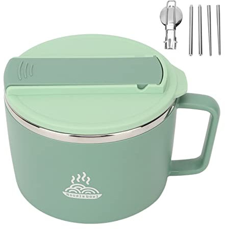 Asixxsix Mikrowellen-Nudelschüssel, Mikrowellen-Ramen-Schüssel-Set mit Deckel, Spork, Essstäbchen,1200Ml,Tragbare Suppenschüssel mit Griff, Handyhalter, Instant-Nudelkocher für Büro,College (Grün)