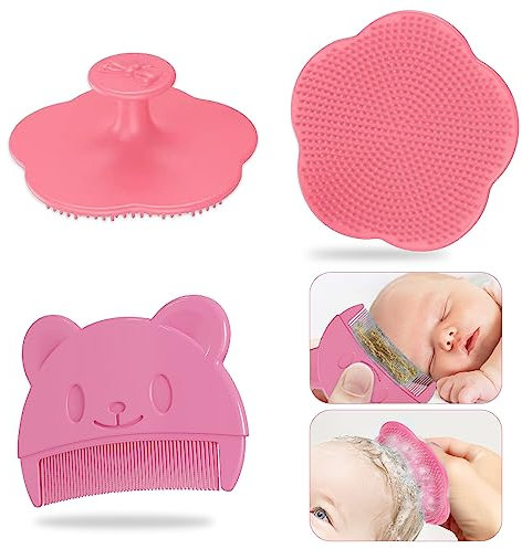 Infreecs Baby kamm und Badebürste, Milchschorf Kamm Baby mit Aufbewahrungsbox, Kopfhaut Massagebürste Baby mit Weichen Silikonborsten, Silikon Baby-Badebürste für Neugeborene, Baby (Rosa)