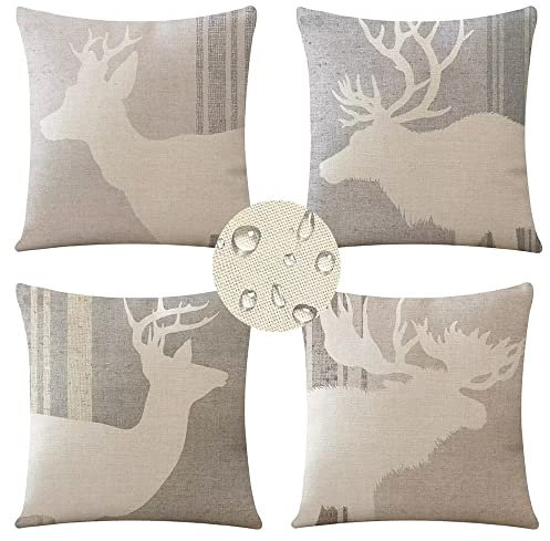 Funxer Nordischer Hirsch Kissenbezug 35x35cm 4er Set, Wasserdichtes Leinen Kissenbezüge Dekokissen Outdoor Kissenhülle Beidseitiger Druck Groß Sofakissen für deko Wohnzimmer Schlafzimmer Zuhause Sofa