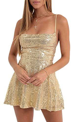 Mugoebu Damen Glänzend Pailletten Kleid Spaghetti Strap Backless Tie Up A-Line Mini Party Kleid Niedrig geschnitten Glitter Sparkl Mini Kleid Night Out Clubwear (Gold, M)