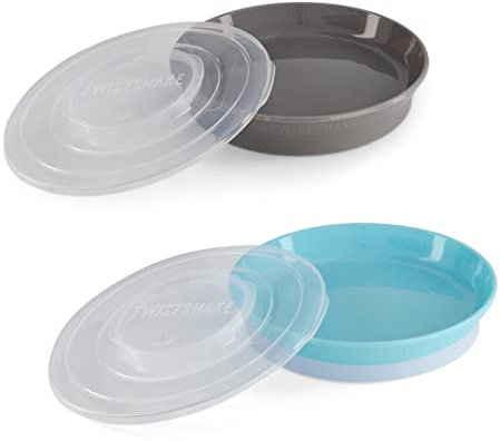 Twistshake 2x Assiette | Assiette pour Bébé avec Couvercle Hermétique | Assiette de Sevrage pour Bébé sans BPA | Assiette de Formation Alimentaire | Plaque D'apprentissage pour Enfants | Gris Bleu