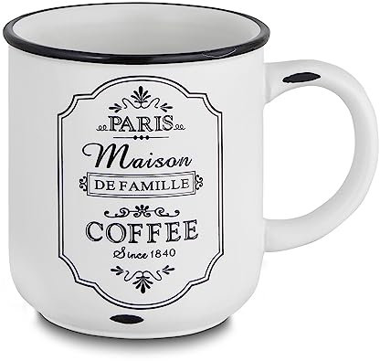 for friends Kaffeetasse für ca. 300ml Kaffee, Paris Line in Schwarz & Weiß mit Aufdruck COFFE, Tasse mit Henkel Vintage im Shabby Look, aus Keramik Steingut