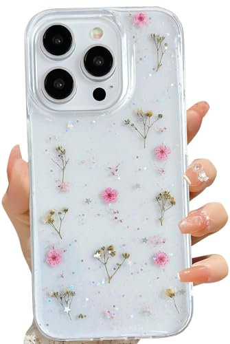 LSEEKA for iPhone 14 Pro Clear Case with Pressed Real Flowers Design,Glitter Cute Pink Floral Pattern Slim Soft TPU Protective Women Girl's Phone Cover for iPhone 14 Pro