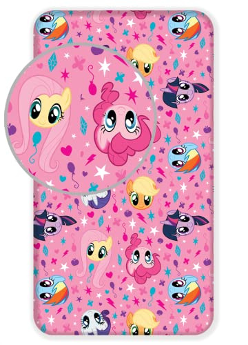 My Little Pony Spannbetttuch, Bettlaken pink mit Fluttershy Rainbow Dash Applejack Rarity 90x200+25 cm, 100% Baumwolle