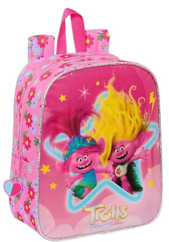 Safta TROLLS 3 Kinderrucksack, Kinderrucksack, Schulrucksack, anpassbar an Kinderwagen, ideal für Kindergarten, bequem und vielseitig, Qualität und Widerstandsfähigkeit, 22 x 10 x 27 cm, Rosa, Rosa,