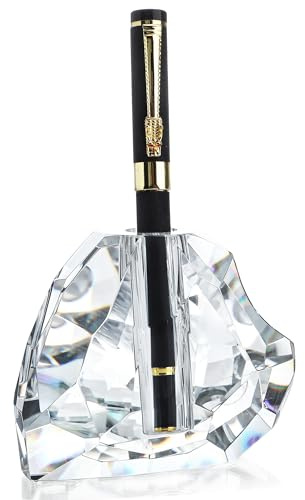 QFkris 3.5'' Crystal Signature Fountain Pen & Pencil Holder Heart Shaped Glass Cut Pen Stand Office Supplies Desktop Organizer Desk Decoration Student Graduation Birthday Gift