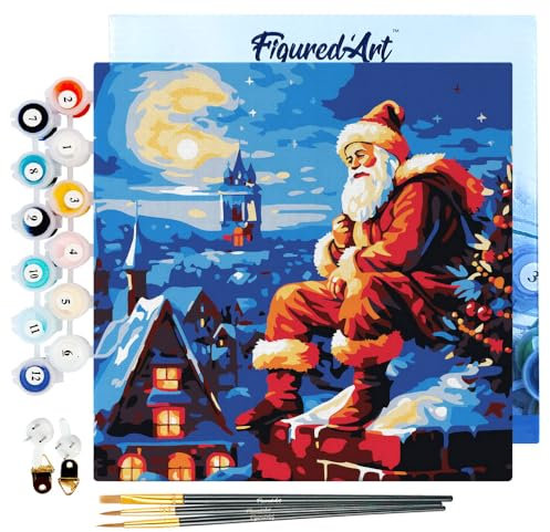 Figured'Art Mini Peinture par Numéro Adulte 20x20cm avec cadre Père Noël sur les toits - Petit Format Kit de Loisir Créatif DIY Numéro d'Art Complet