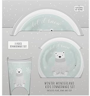 eBoutik - Childrens Christmas Lunch Set - Kids Set 3pc Winter Wonderland Dinnerwear - Plastic Reusable Bowl, Plate & Cup for Xmas Eve OR Dinner