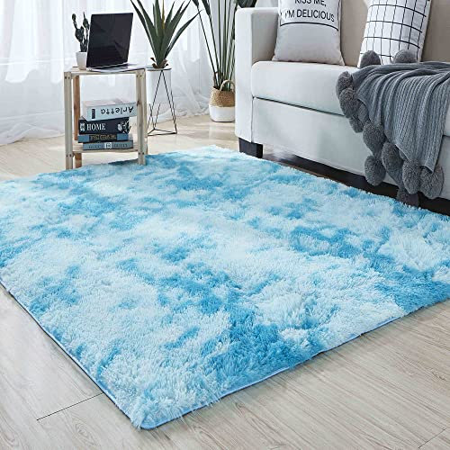 EMPVEX Luxuriöser Teppich für Schlafzimmer, flauschiger blau-weißer Batik-Teppich, Wohnzimmer, 3-lagiges Material, Teppich, Kinderzimmer, blau-weiß, 140 x 200 cm