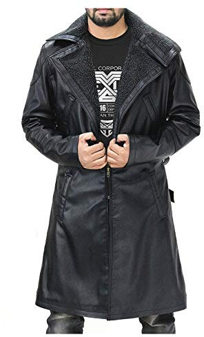 LP-FACON Mens Trench Coat - Black Leather Full Length Cosplay Costumes Long Duster Coat for Men