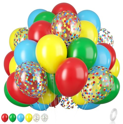 Rainbow Assorted Latex Balloons - 12in Matte Blue, Yellow, Red, Green - Confetti Star Shaped - Perfect for Birthday, Festival, Carnival, Circus, Game, Party Decor