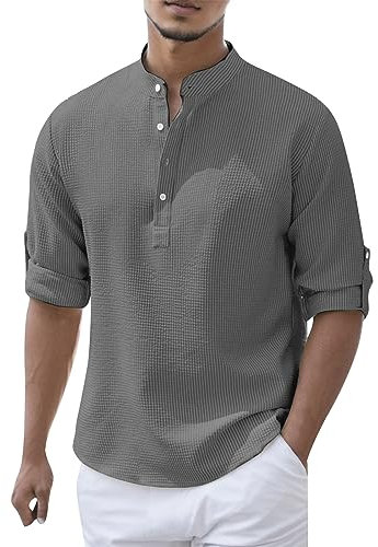 Générique Chemises En Lin Solid Homme Ample Décontractée En Coton Et Lin Manches Longues Couleur Unie Affaires Chemise Coupe Droite Henley Shirt Chemise Homme Blanche