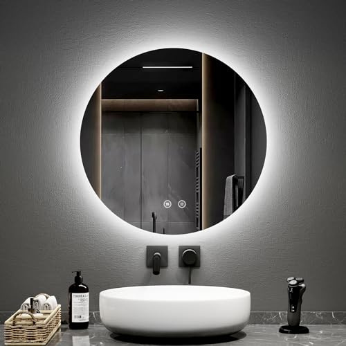 EMKE Badezimmerspiegel mit runder Beleuchtung, 60 cm, mit Antibeschlag+Touch-Schalter, Badezimmerspiegel, kaltweißes Licht, 6500 K Licht, dimmbar, LED-Spiegel für Badezimmer