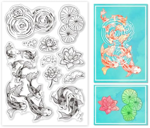 GLOBLELAND Sommer Lotus Transparente Silikonstempel Koi Fischen Klare Stamps Teichlandschaft Silikonstempel Für Kartengestaltung DIY Prägung Journaling