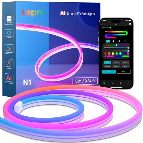 Lepro AI Neon LED Strip N1, 3m Neon LED Streifen mit App-Steuerung,DIY Shape,Musik Sync,funktioniert mit Alexa&Google Assistant, Lichtband für Wohnzimmer,Wand Deko,Party,KI-Lichtdesign-Assistent