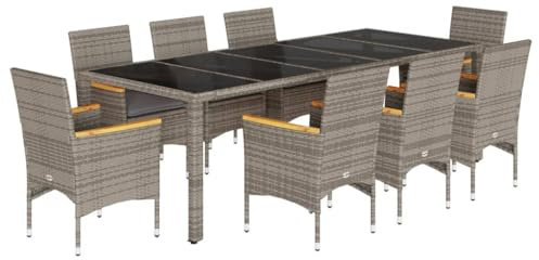 vidaXL Garten Essgruppe 9-TLG., Gartenmöbel Set mit Kissen, Gartengarnitur Tisch 8 Stühle, Lounge Sitzgruppe Sitzgarnitur, Grau Poly Rattan Glas