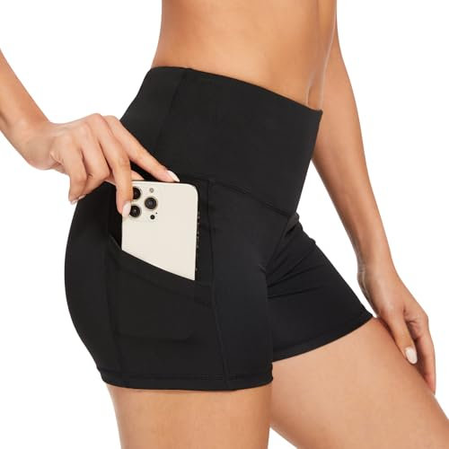 Kiiwah Sport Shorts Damen Kurz, mit Tasche, Laufhose Radlerhose Damen High Waist Shorts Sportleggins mit Handytasche für Sommer Fitness Running Gym Yoga Outdoor-L