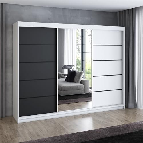 A&J MöbelLand Schwebetürenschrank VILANO 2, 3-türig Schrank 200 cm Kleiderschrank mit 4 Schubladen, und Spiegel (Weiß, Schwarz, Somona) (Weiß/schwarz/weiß)
