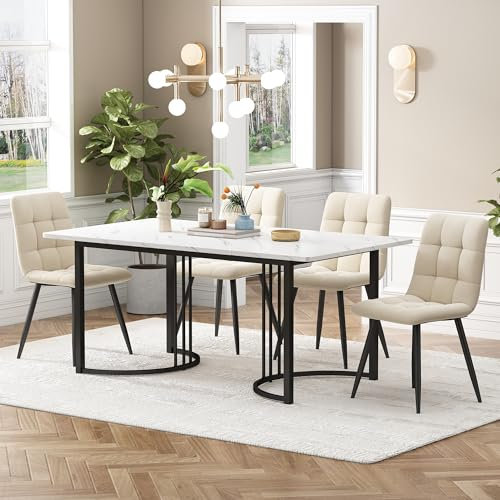 VSOGA Essgruppe (5-TLG), Esstisch mit 4 Stühlen, moderner Küchentisch, 140 x 80 cm, Schwarze Metallbeine, MDF-Tischplatte in Weiß, Beige Samt Esszimmerstühle