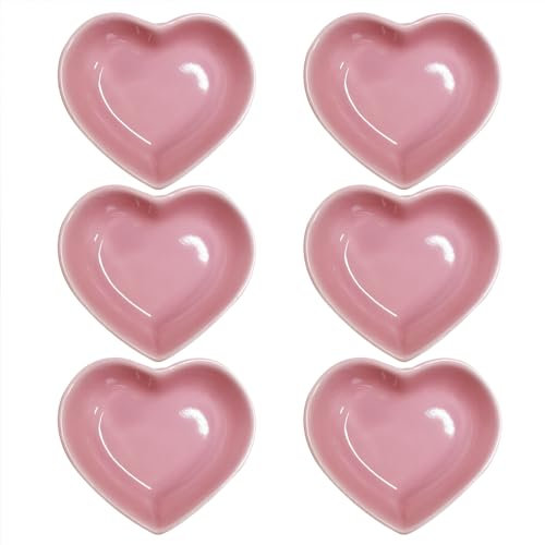 Pirhosigma 6 pcs Pink Heart Shaped Porcelain Soy Sauce Dish Snack Bowl Ceramic Dip Dipping Bowls 1.65 oz for Dinner Baking BBQ and Cooking