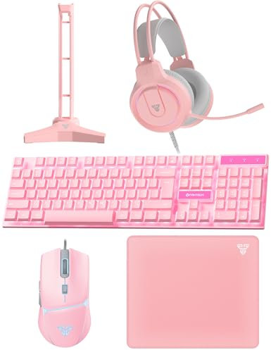 FANTECH Set da gioco con tastiera e mouse da gioco con cavo, supporto per cuffie e cuffie, mouse da gioco RGB arcobaleno, mouse per principianti per PC 5 in 1 per PC, laptop, Xbox, rosa