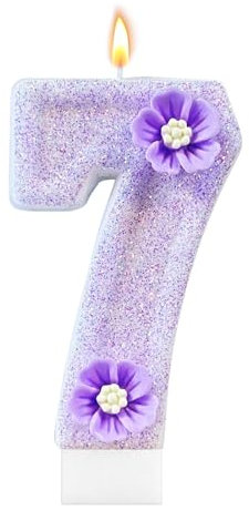 Scentoria Geburtstagskerzen Zahlen, Kerzen 7. Geburtstag, Geburtstag Kerzen Lila 7. geburtstag mit Blumen für Kinder, Jungen Mädchen, Geburtstagsdeko, Geburtstag Party, Jubiläum