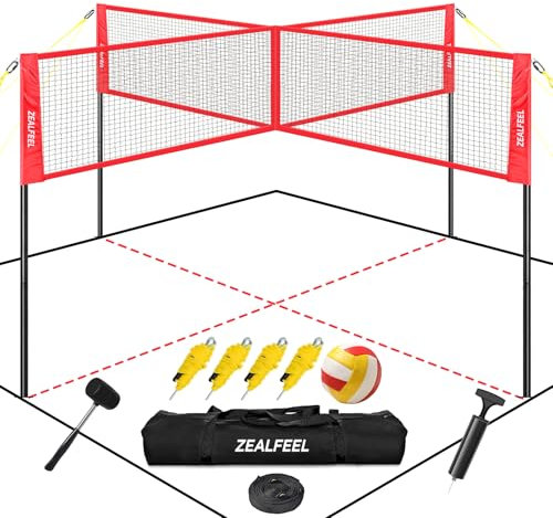 ZEALFEEL Volleyball-Spiel-Set, 4 quadratisch, 3 Höhen verstellbar, 4-Wege-Volleyballnetz mit Vollyball, Pumpe, Tragetasche, Hammer, 4 m, 4 Personen, Volleyballnetz für Hinterhof, Strand, Rasen, ideal