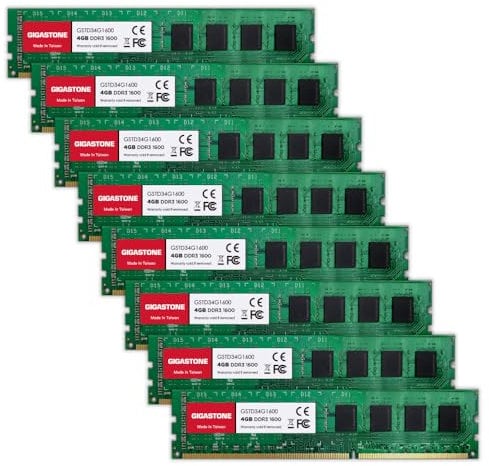 【DDR3 RAM】GIGASTONE 32GB Kit (8x4GB) DDR3/DDR3L 1600MHz (1333MHz) PC3-12800 (PC3-10600) CL11 1.35V/1.5V 2Rx8 UDIMM 240 Pin Unbuffered Non ECC High Performance PC Desktop Memory Upgrade
